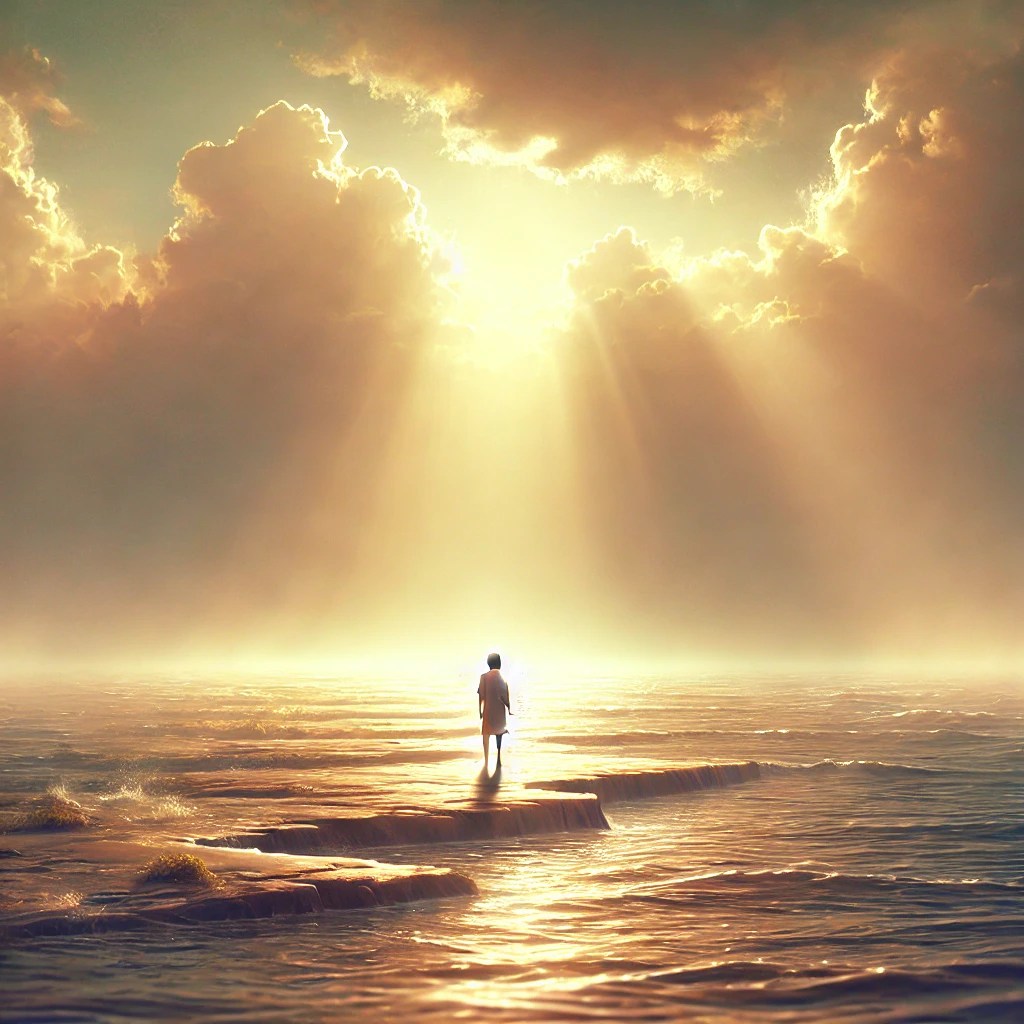 A lone figure stands at the edge of a vast sea, gazing into the distance where the water appears to part. Sunbeams break through the clouds, casting a warm, heavenly light on the scene, symbolizing divine guidance and unwavering faith. The atmosphere is serene, filled with a sense of peace and spiritual reflection, evoking the biblical story of the parting of the Red Sea and the power of belief.