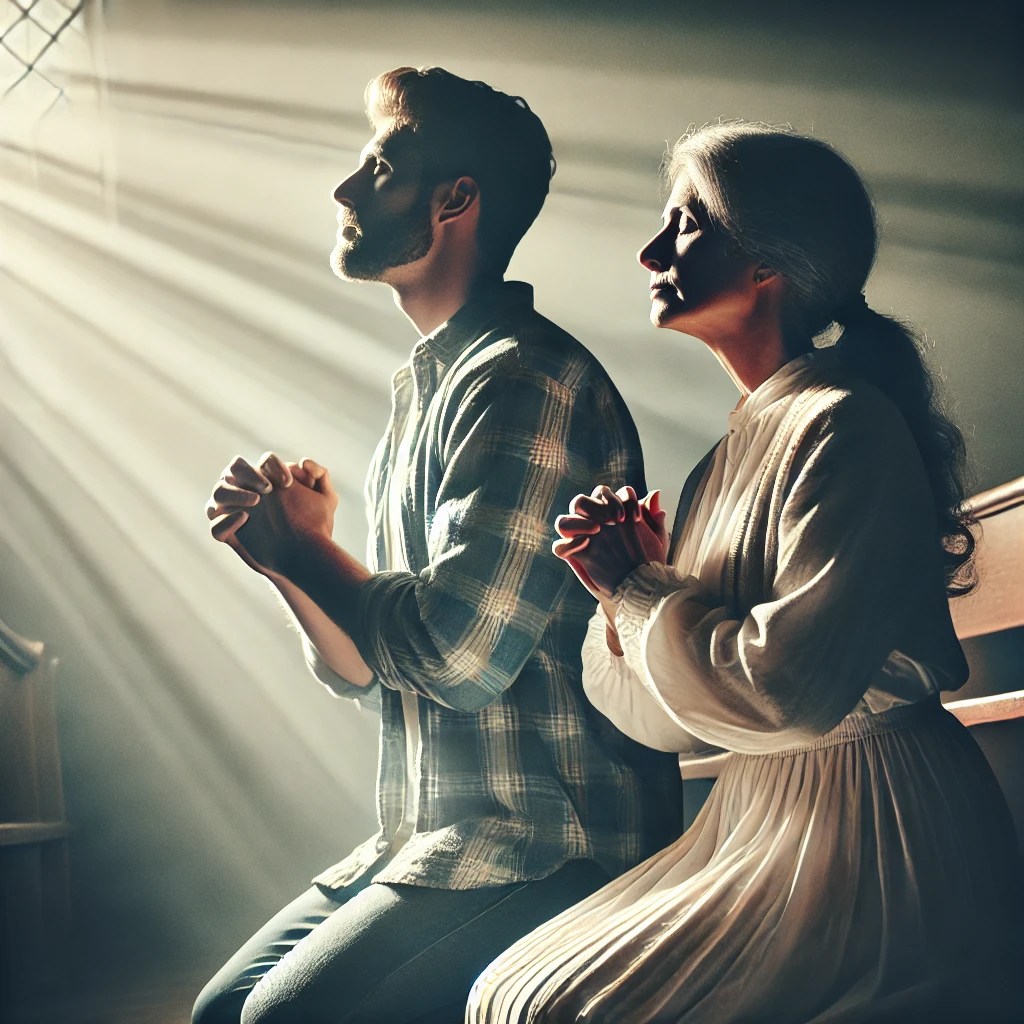 A serene scene of a man and a woman kneeling in prayer, hands clasped in devotion, seeking connection with Yahweh through the Holy Spirit. Soft rays of divine light illuminate their faces as they pray with reverence and humility. The setting is peaceful and intimate, with a warm atmosphere symbolizing faith and deep spiritual connection. The image conveys a sense of hope, surrender, and the powerful bond between believers and their Creator.