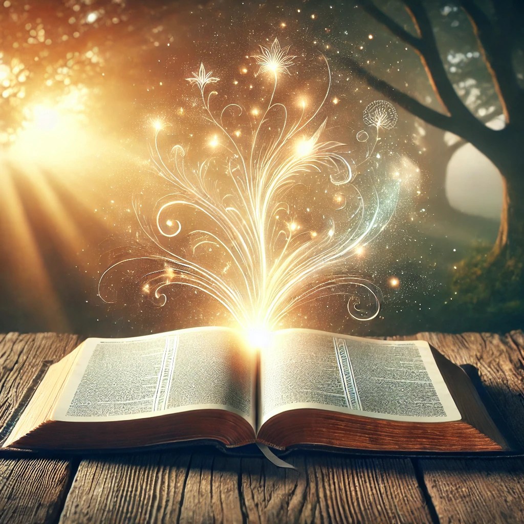 An open Bible resting on a rustic wooden table with a glowing, ethereal light emanating from its pages. The scene is set outdoors with sunlight streaming through trees, symbolizing divine wisdom, purity, and the flawless nature of God's Word.