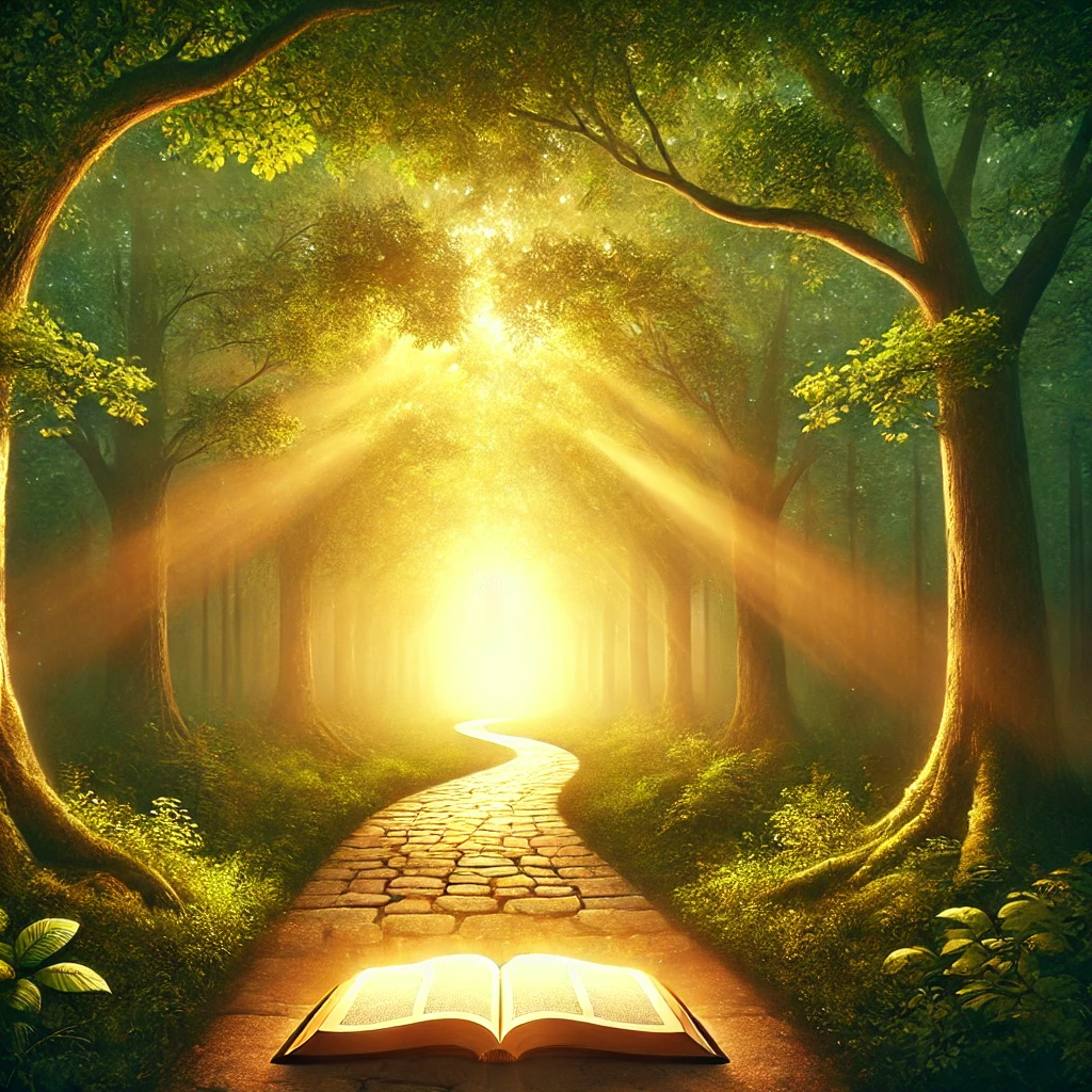 An enchanting forest path illuminated by golden sunlight streaming through the trees, symbolizing the guidance and clarity of a righteous life. At the forefront lies an open Bible glowing with divine light, emphasizing the role of God's Word in directing the journey. The path is straight and serene, surrounded by lush greenery, evoking peace and spiritual reflection.