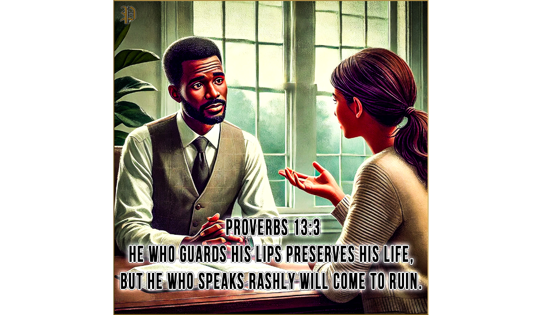 An African American man and woman seated in an office setting. The man listens intently with an open Bible in front of him while the woman gestures, explaining a situation. Text overlay reads: 'Proverbs 13:3 – He who guards his lips preserves his life, but he who speaks rashly will come to ruin.' The scene is set with a window in the background letting in natural light and green plants adding to the serene atmosphere.