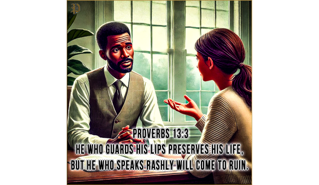 An African American man and woman seated in an office setting. The man listens intently with an open Bible in front of him while the woman gestures, explaining a situation. Text overlay reads: 'Proverbs 13:3 – He who guards his lips preserves his life, but he who speaks rashly will come to ruin.' The scene is set with a window in the background letting in natural light and green plants adding to the serene atmosphere.