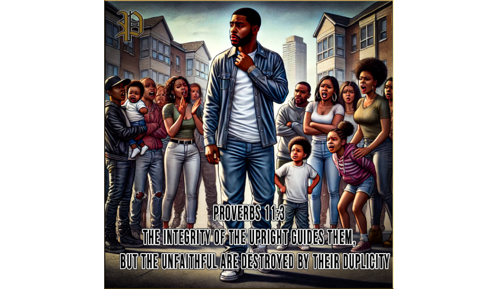 "An African-American man with a regretful expression is confronted by multiple angry African-American women, each with children, in an outdoor urban setting with apartment buildings in the background. The image symbolizes the emotional and relational consequences of duplicity."