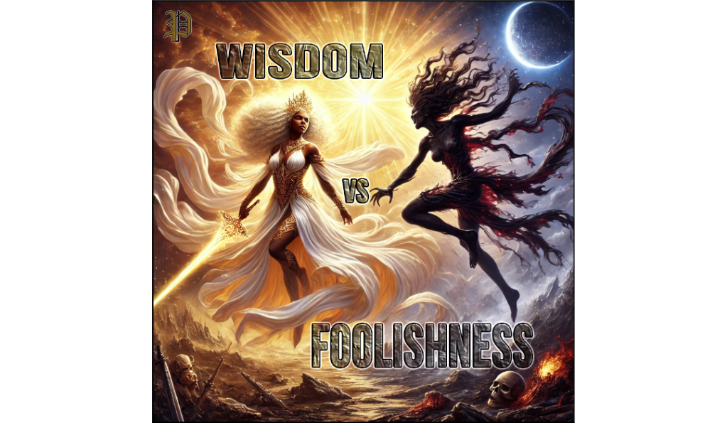 A majestic depiction of an epic spiritual battle between two African-American women. Wisdom, radiant in white and gold, stands victorious with a glowing sword of light, while Folly, in tattered dark clothing, falls back in defeat. The background features a dramatic celestial landscape with contrasting light and dark clouds.
