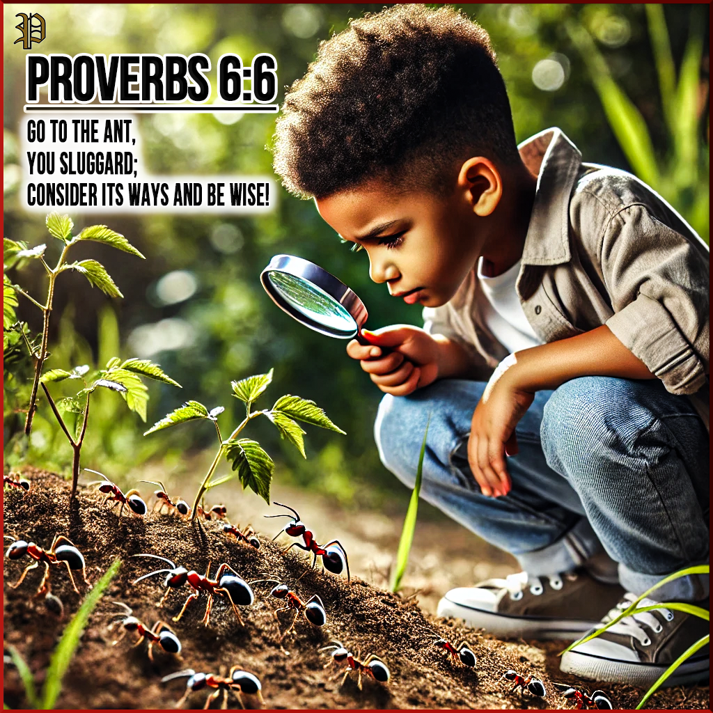 A young boy using a magnifying glass to observe ants working in a natural outdoor setting, emphasizing diligence and preparation.