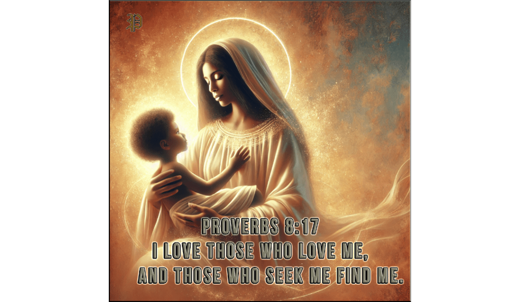 An artistic representation of Wisdom as an African-American woman with a serene and loving expression. She is cradling and nurturing a youth in her arms, surrounded by a soft glowing light, wearing flowing robes with gold accents. The scene conveys warmth, care, and spiritual guidance.