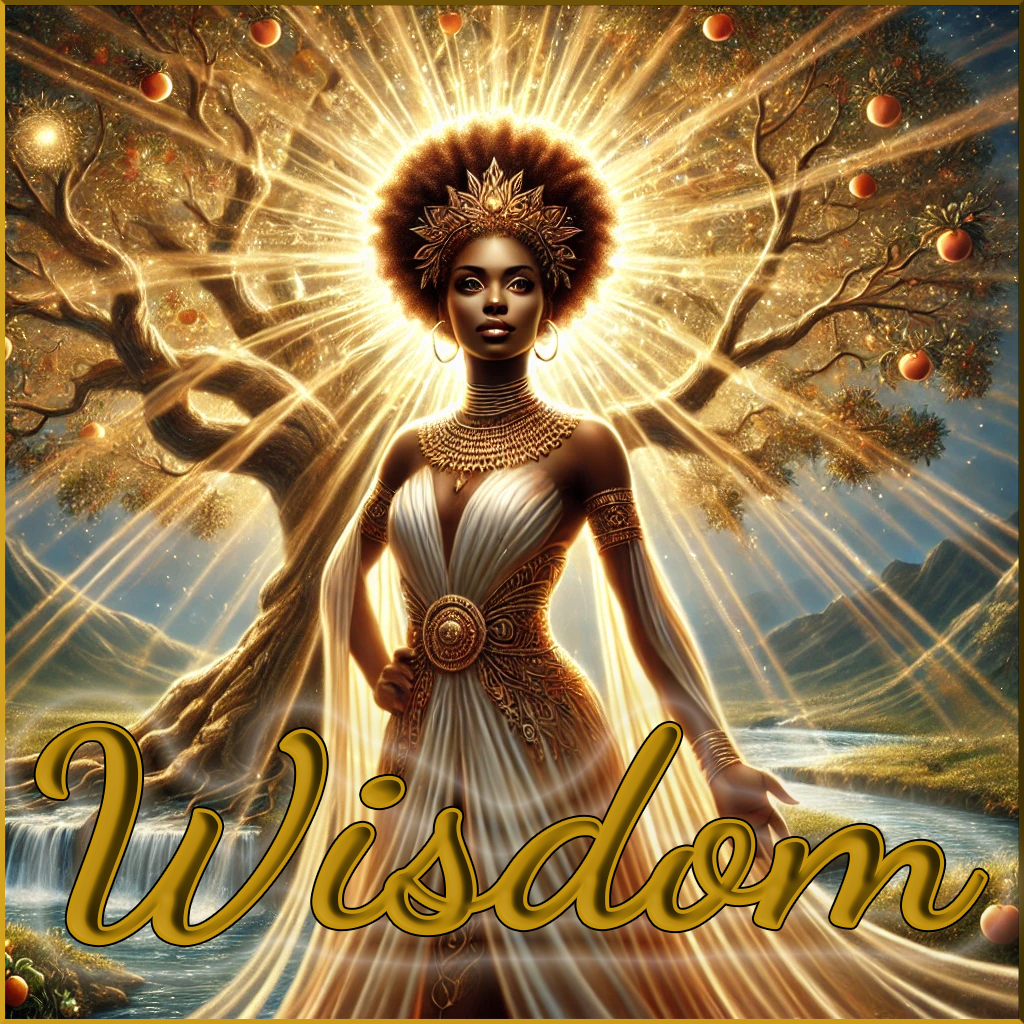 A depiction of wisdom personified as an African-origin female spirit, dressed in flowing gold and white garments, standing under the Tree of Life with radiant light surrounding her. The serene background includes flowing water and glowing fruit, symbolizing divine guidance, prosperity, and healing.