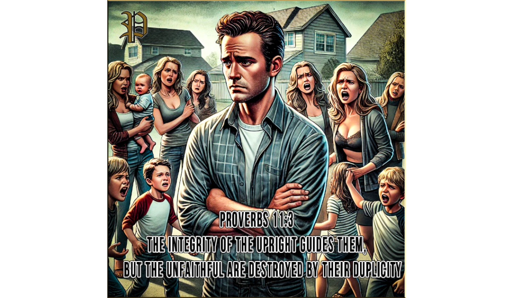 "A Caucasian man with a regretful expression is confronted by multiple angry Caucasian women, each with children, in an outdoor suburban setting with houses in the background. The image symbolizes the emotional and relational consequences of duplicity."