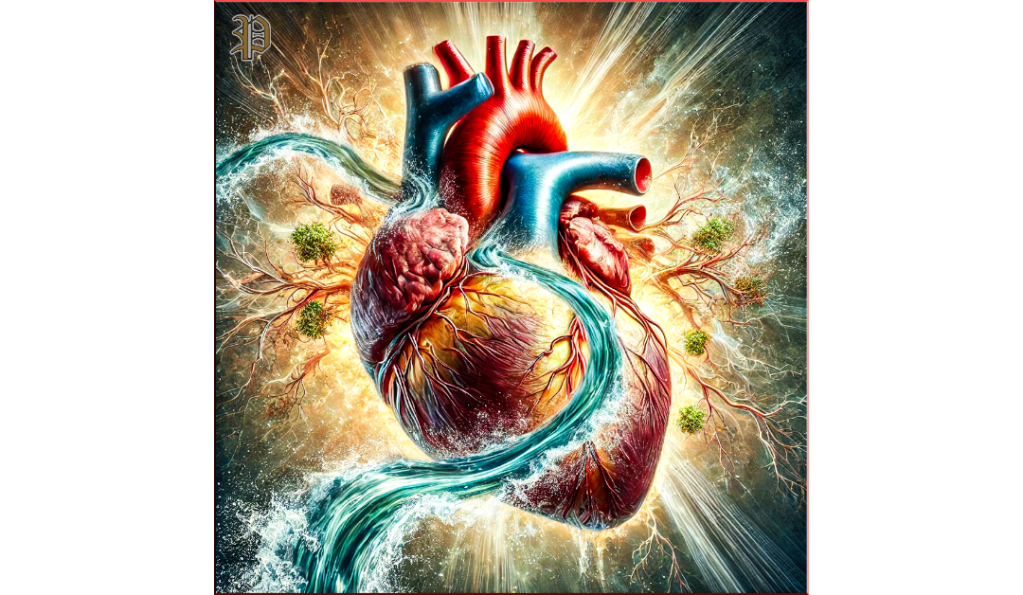 Artistic image of a human heart with clear rivers flowing into its valves and ventricles, representing renewal, wisdom, and peace in a spiritual context.
