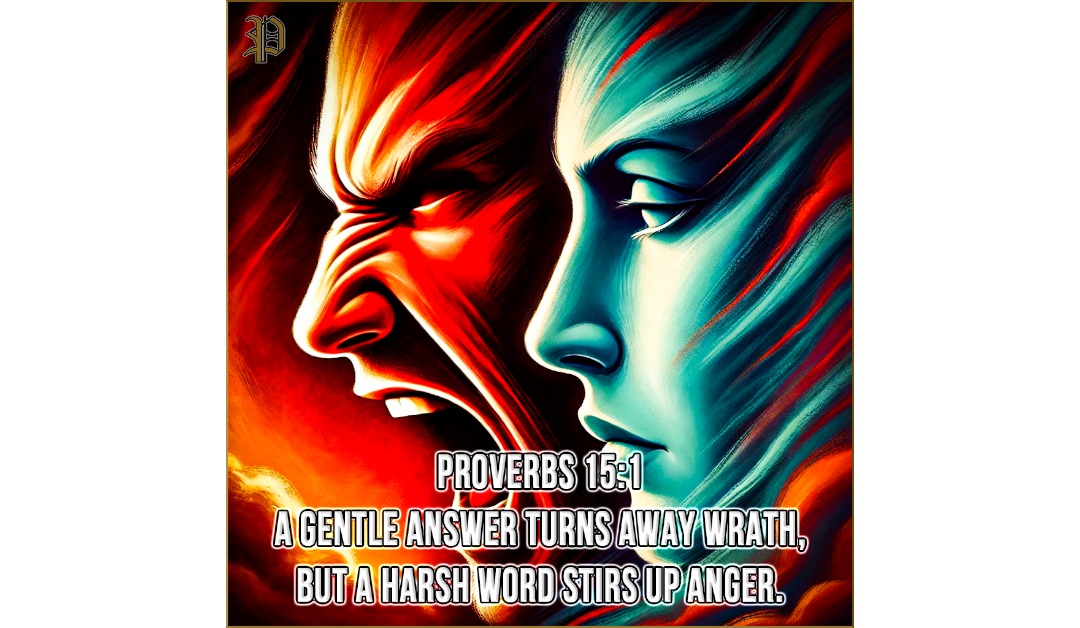 An artistic depiction of two faces in profile; one on the left appears red, angry, and yelling, symbolizing wrath. The other face on the right is blue, calm, and serene, representing gentleness. The image highlights Proverbs 15:1 with the overlayed text.