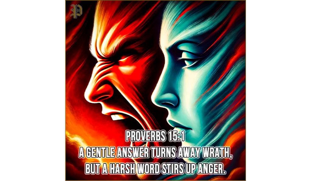 An artistic depiction of two faces in profile; one on the left appears red, angry, and yelling, symbolizing wrath. The other face on the right is blue, calm, and serene, representing gentleness. The image highlights Proverbs 15:1 with the overlayed text.