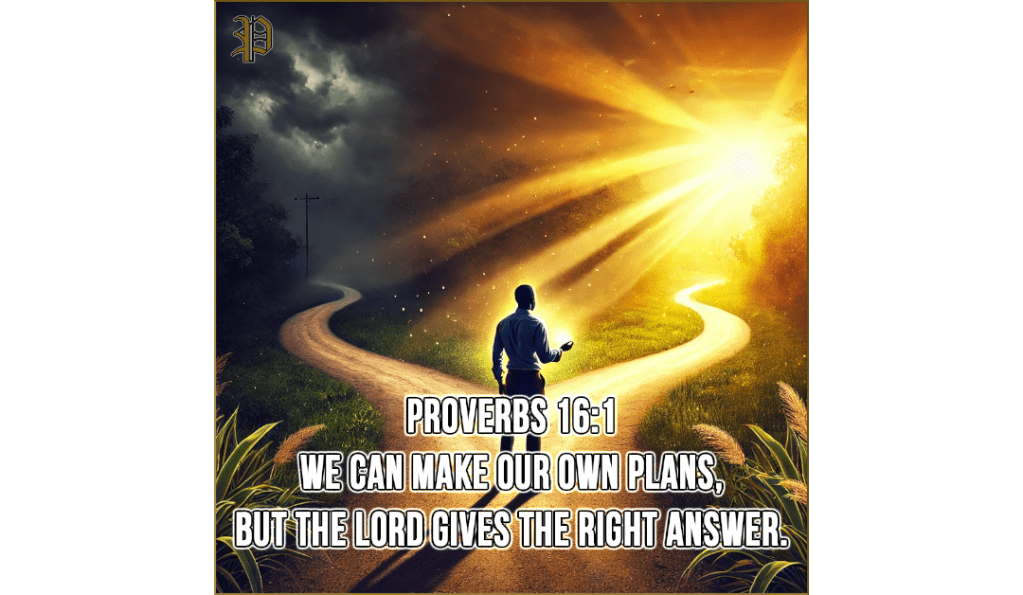 An African American man standing at a fork in the road, choosing the brightly lit path of wisdom and righteousness, inspired by Proverbs 16:1.