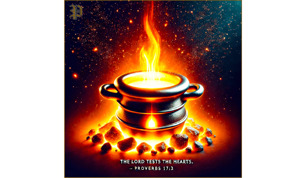 A glowing crucible filled with molten gold under intense fire, symbolizing spiritual purity and the testing of the heart by God, inspired by Proverbs 17:3.