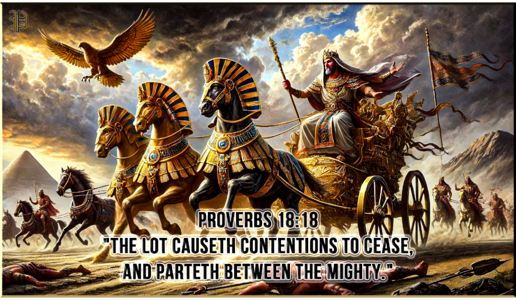 An ancient battlefield scene depicting Pharaoh Necho in an ornate Egyptian chariot with golden horses, warning King Josiah, who pursues him in a Hebrew-style chariot. The dramatic stormy sky and distant warriors symbolize the tension of divine intervention, inspired by Proverbs 18:18.