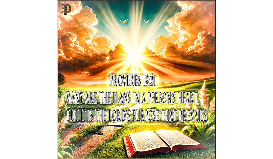 A spiritual landscape featuring a sunrise breaking through clouds over a peaceful path, symbolizing hope and divine purpose. An open Bible rests beside the path, aligning with Proverbs 19:21.