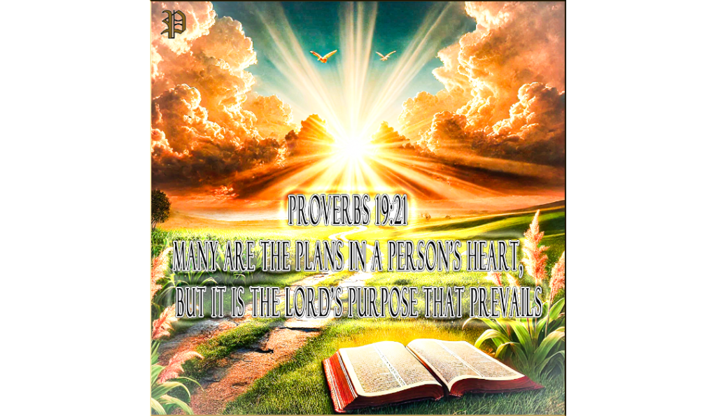 A spiritual landscape featuring a sunrise breaking through clouds over a peaceful path, symbolizing hope and divine purpose. An open Bible rests beside the path, aligning with Proverbs 19:21.