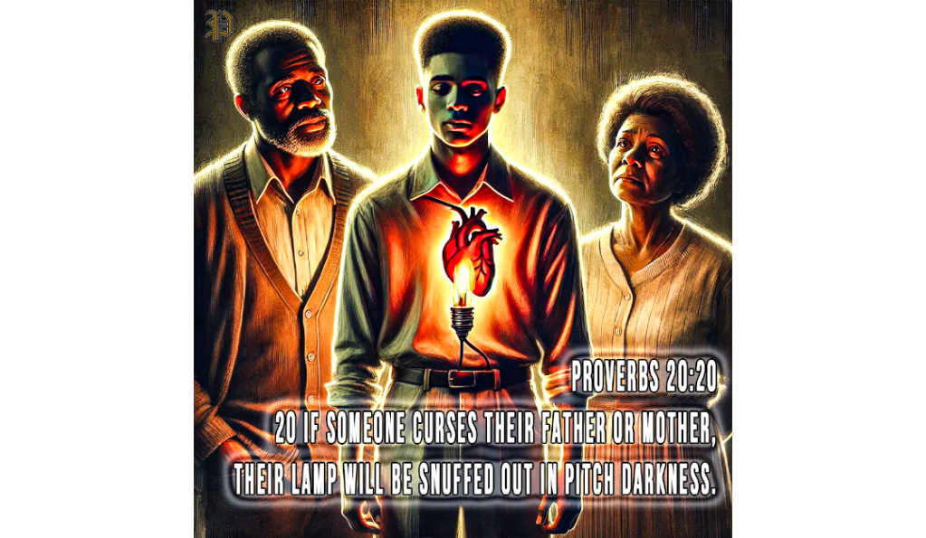 An African-American family scene featuring a young man with a glowing lamp symbolizing his heart. The lamp flickers dimly, representing spiritual struggle. His parents, a father and mother, look at him with expressions of disappointment and pain. The background is somber, reflecting emotional and spiritual conflict.