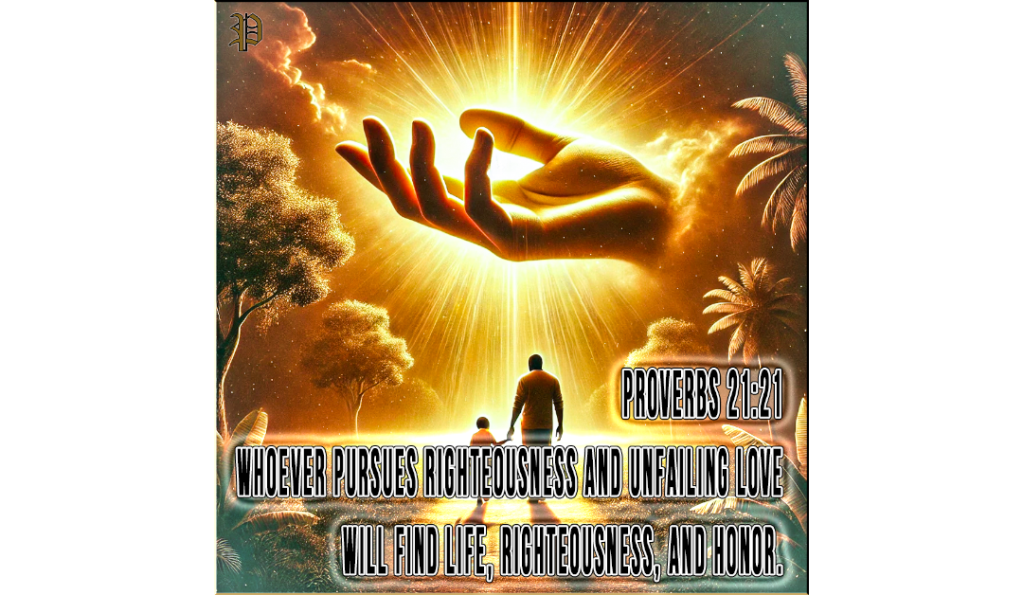 An illustration showing a man and a child walking on a golden path, surrounded by heavenly light with a large, ethereal hand symbolizing God's protection hovering above, representing spiritual connection, righteousness, and divine guidance.