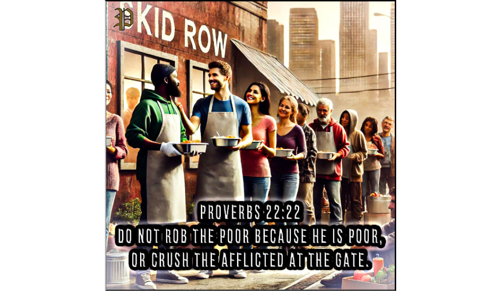 A modern scene on Skid Row with volunteers in aprons serving food to people in a line. The background shows urban buildings and makeshift tents, symbolizing outreach and care.