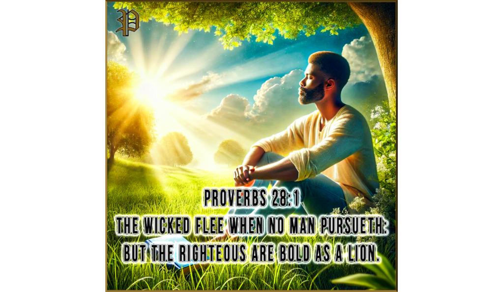 A serene image of a man of African descent sitting peacefully in a green meadow under the sunlight, with a Bible on his lap. The scene reflects God's peace and the boldness of righteousness, inspired by Proverbs 28:1.