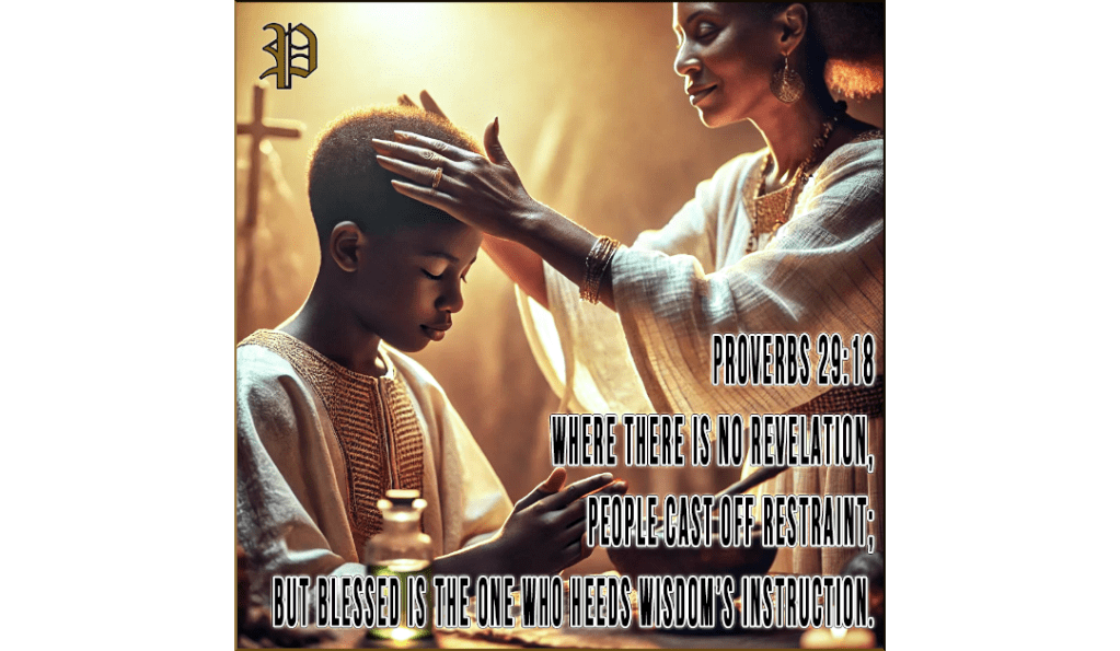 A mother places her hands on her young son's head, anointing him with oil in a sacred, spiritual moment. The boy is praying, and the scene is filled with warm light, symbolizing divine revelation and guidance.