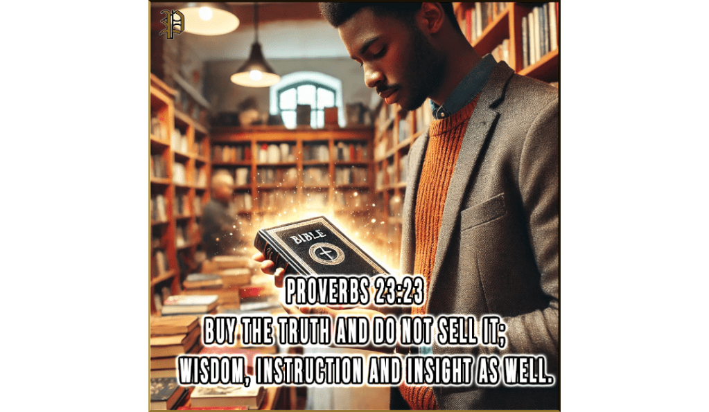 A warm scene of an African American person purchasing a Bible at a bookstore, with wooden bookshelves in the background and soft lighting. The Bible glows, emphasizing its divine significance.