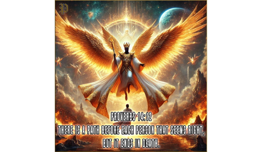 An African angel in radiant armor, with glowing wings, casting a figure into a fiery lake before the throne of God. The image features flames, divine light, and the verse Proverbs 14:12: 'There is a path before each person that seems right, but it ends in death.