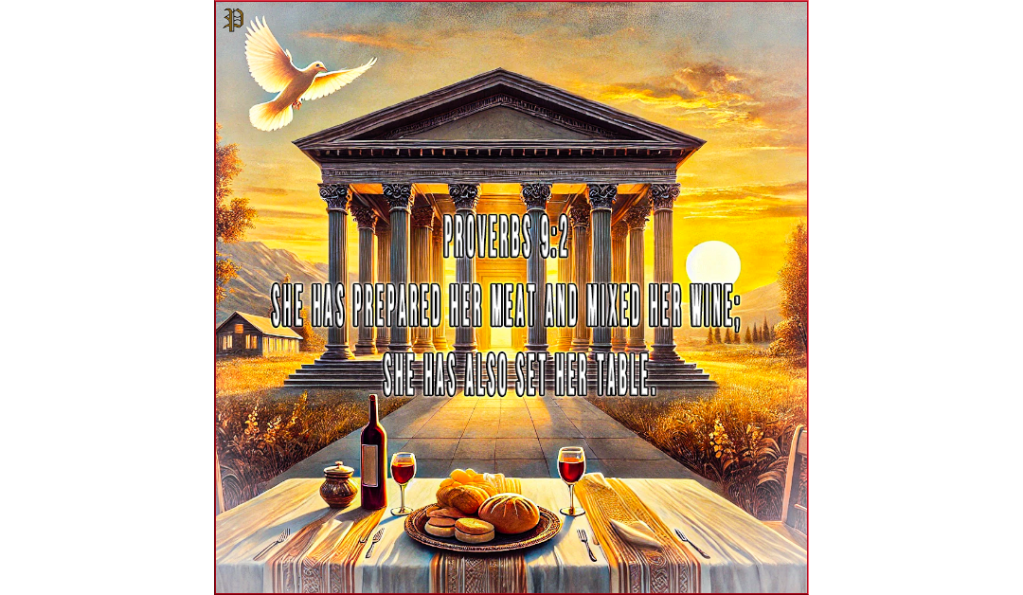 An image of a grand house with seven strong pillars at sunrise, symbolizing wisdom as described in Proverbs 9. A beautifully set table with bread and wine is in the foreground, representing the spiritual feast of God’s Word and truth.