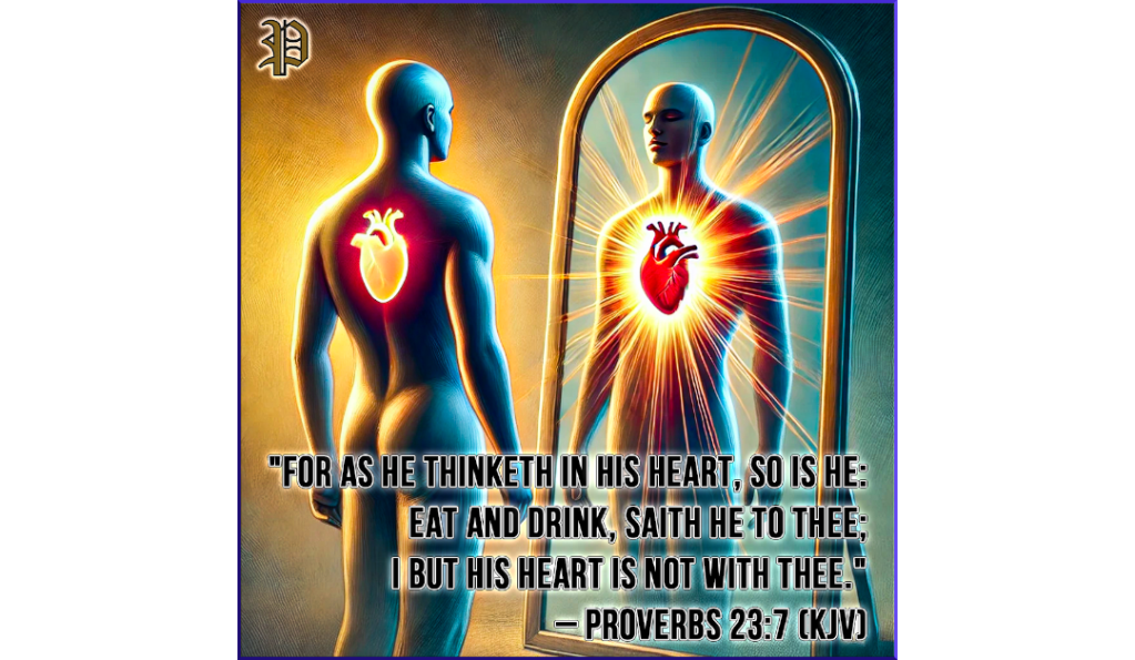 An illustration of a person standing before a mirror. The mirror reflection reveals a glowing red heart symbolizing sincerity and purity, with a spiritual and uplifting theme based on Proverbs 23:7.