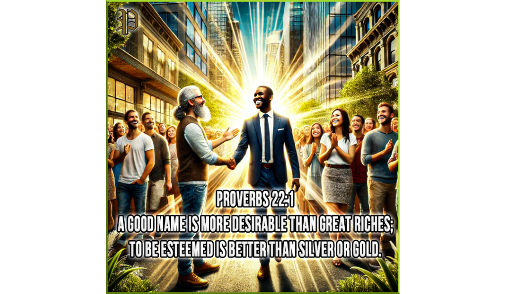 An African American man showered in radiant light, shaking hands with another individual while a diverse crowd admires him, symbolizing respect, integrity, and godly favor in a modern city setting.