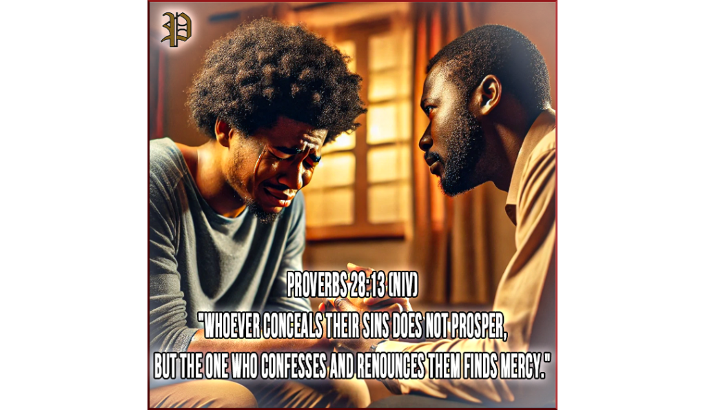 A deeply emotional scene of a young man confessing his sins, tears streaming down his face, as a compassionate brother in Christ holds his hands in prayer. The setting is warm, with soft lighting symbolizing divine grace. The verse Proverbs 28:13 (NIV) is overlaid, emphasizing the power of confession and forgiveness.