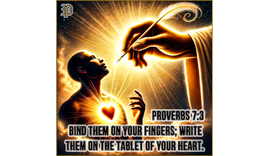 A divine hand, glowing with light, writing upon a person's illuminated heart, surrounded by heavenly clouds and light rays.