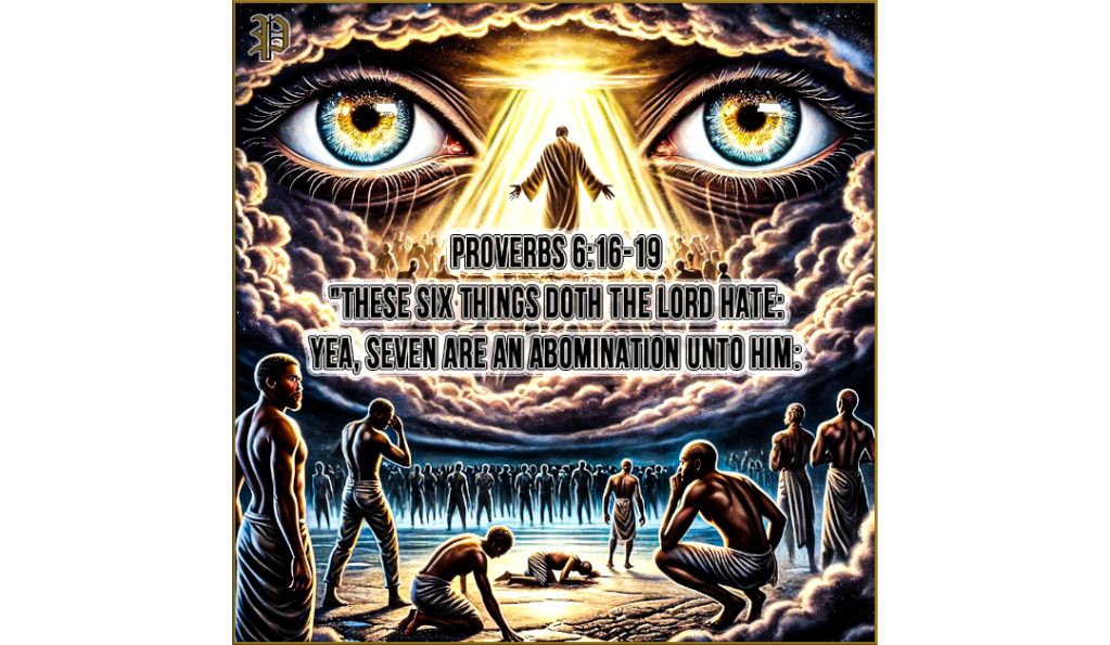 Illustration of God's eyes in the heavens, looking down upon men of African descent engaging in various acts of sin, inspired by Proverbs 6:16-19. The image features divine glowing eyes surrounded by clouds and light, contrasted with human figures representing wrongdoing.