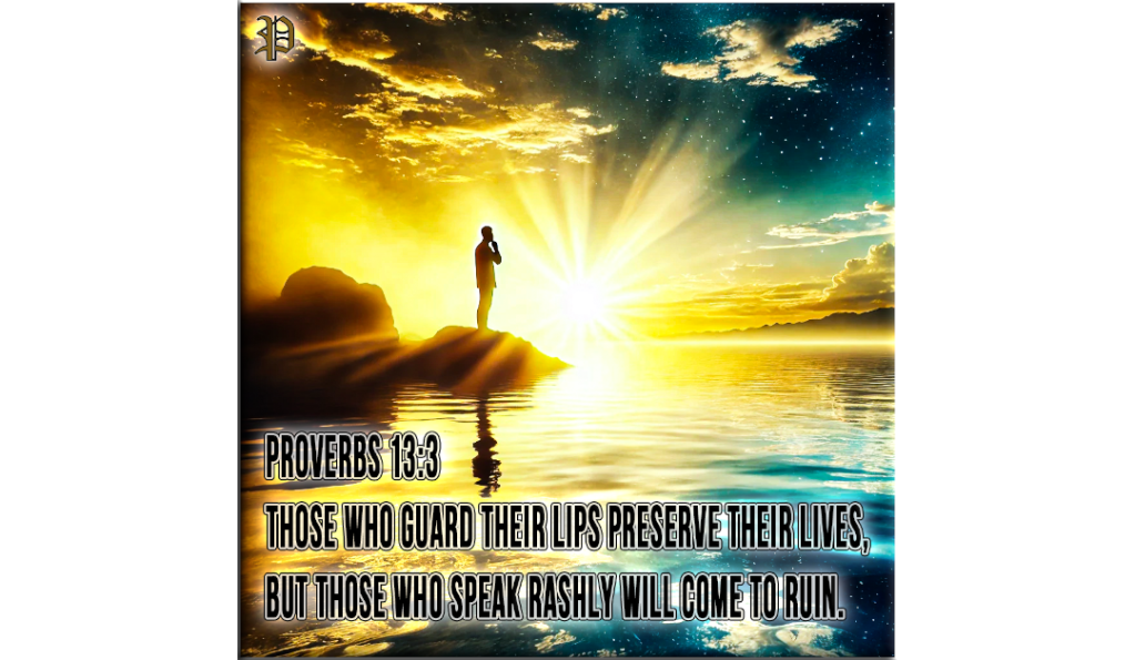 An image illustrating Proverbs 13:3 with a silhouetted figure in contemplation on a rocky shore during sunrise. The text reads: 'Those who guard their lips preserve their lives, but those who speak rashly will come to ruin.