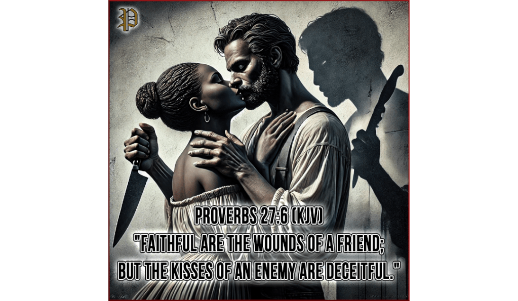 A dramatic and symbolic depiction of betrayal. A woman passionately kisses a man while holding a butcher knife behind her back, illustrating the theme of deceit. Shadows on the wall add to the intense atmosphere.