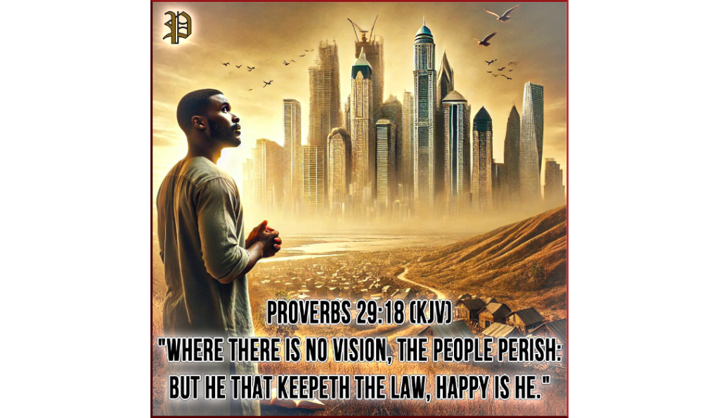 An African American man stands on a hill, gazing at a city rising from barren land, symbolizing divine vision, faith, and transformation. The golden light of the setting sun casts an inspiring glow, reinforcing the message of Proverbs 29:18 about vision and obedience to God’s law.