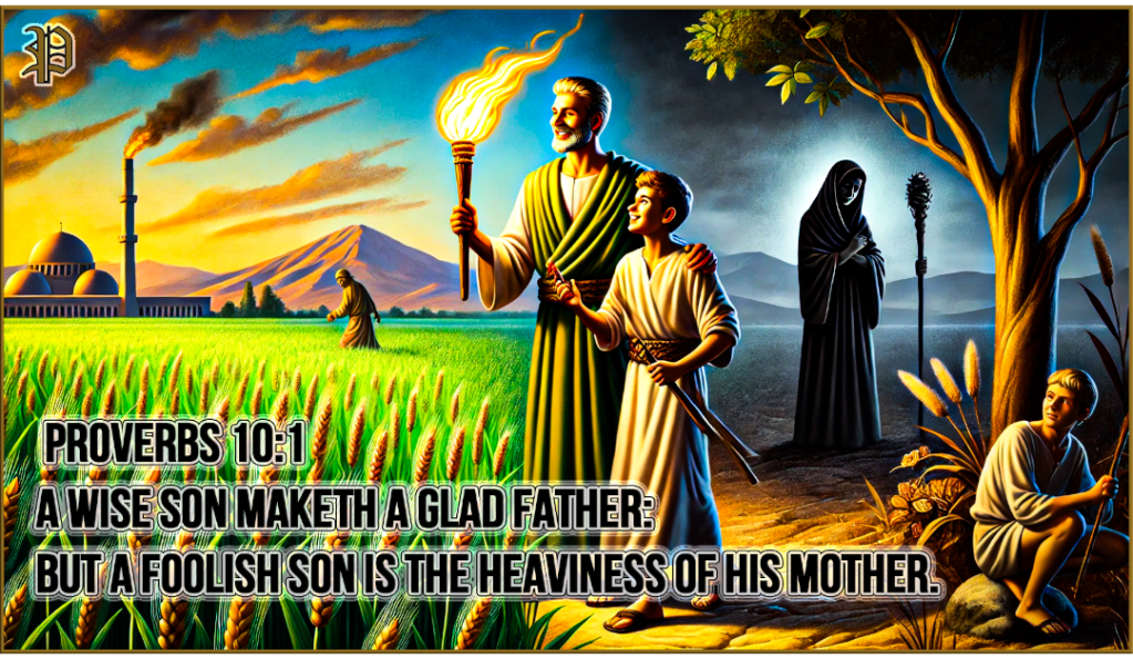 Illustration depicting a father and son in a lush field with a glowing torch, contrasting with a sorrowful mother in a barren desert, symbolizing Proverbs 10:1.