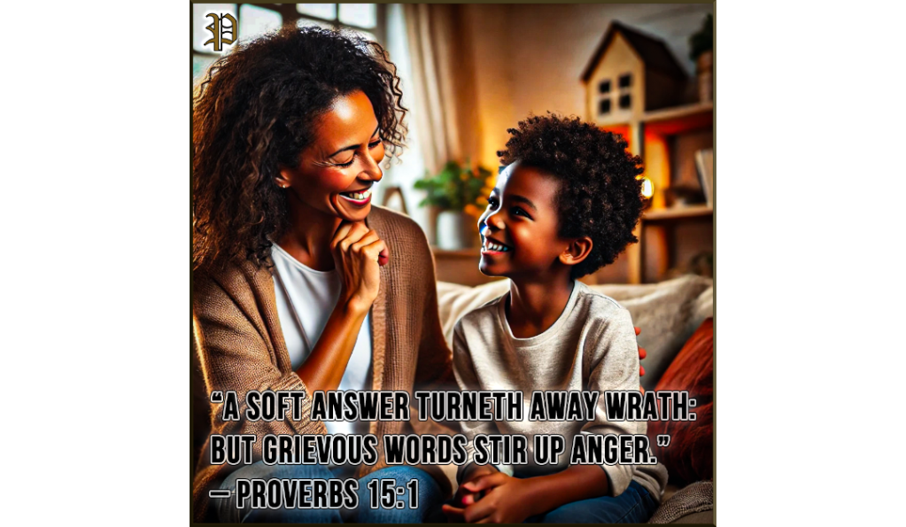 A heartwarming scene of a mother speaking kindly to her joyful child, with both smiling and radiating happiness. The background is a cozy living room, symbolizing love, connection, and peace.