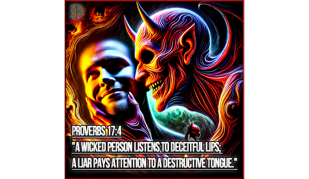 Illustration of a wicked demon in fiery colors whispering into a smiling man's ear, representing Proverbs 17:4 about the influence of deceitful lips and destructive tongues.