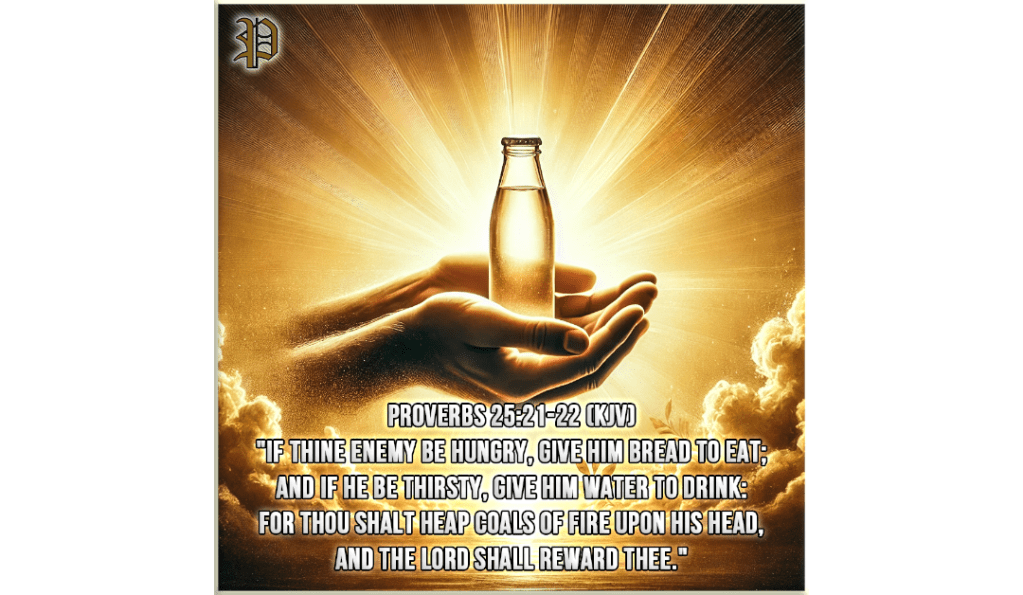 Golden-hued image of hands holding a bottle of water, radiating light and surrounded by a peaceful atmosphere. The text of Proverbs 25:21-22 (KJV) is overlaid, emphasizing kindness and forgiveness.