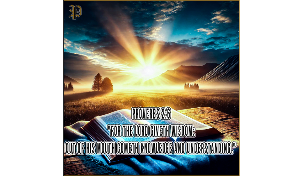 An open Bible glowing with warm light sits on a wooden table, set against a serene sunrise in a vast, peaceful valley, illustrating Proverbs 2:6: “For the Lord giveth wisdom: out of His mouth cometh knowledge and understanding.