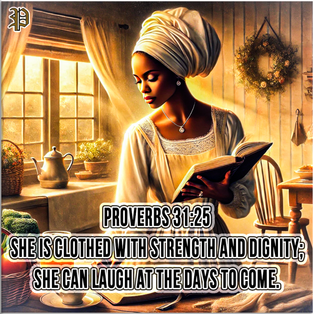 A Proverbs 31 Woman exemplifies strength, dignity, and peace, fully embracing her godly virtues with confidence in the days to come.