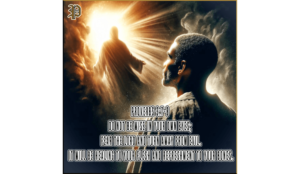 A spiritual image showing a man of African descent turning away from a shadowy background toward a radiant light, representing the Spirit of God. The light bathes his face with a warm, divine glow, symbolizing healing and transformation in accordance with Proverbs 3:7-8.