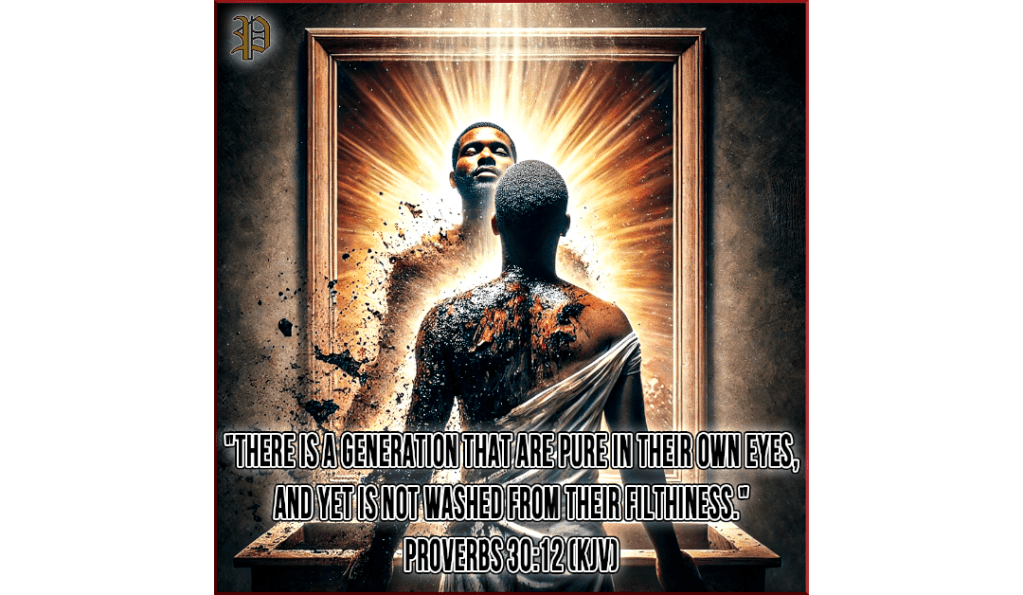 A symbolic image of spiritual cleansing and conviction. A man stands in front of a mirror covered in dark stains, representing sin and self-righteousness. However, his reflection in the mirror is radiant and pure, symbolizing God's power to wash away filthiness. A powerful contrast between deception and divine truth.