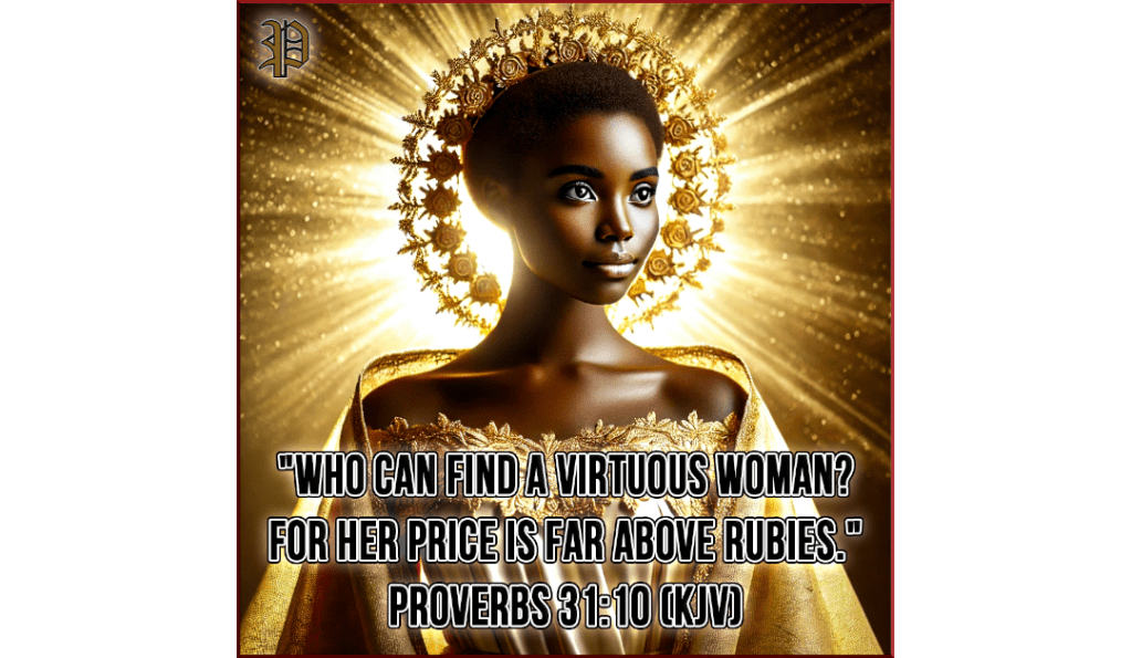 A radiant African woman dressed in golden attire, symbolizing virtue and faith. She stands with dignity, surrounded by a golden glow, representing the glory of the Lord. A biblical verse from Proverbs 31:10 (KJV) overlays the image, emphasizing the worth of a virtuous woman.