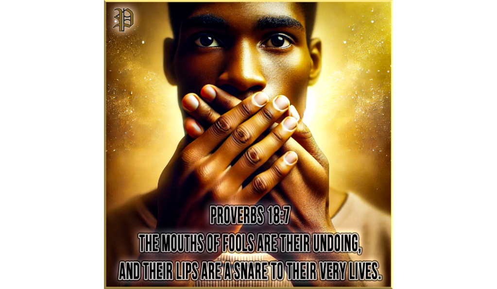 A person of African descent covering their mouth with both hands, against a glowing, spiritual background of gold and light purple, symbolizing restraint and the importance of guarding one’s speech as inspired by Proverbs 18:7.