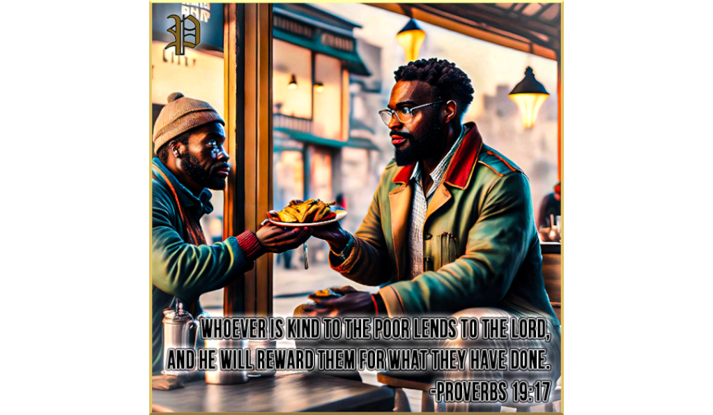 A man in a warm coat handing food to another man in need at a cafe, symbolizing compassion and generosity, inspired by Proverbs 19:17.