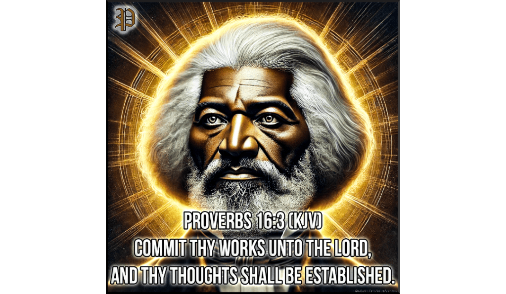A majestic portrait of Frederick Douglass with a glowing golden background. The image includes Proverbs 16:3, emphasizing faith and perseverance.