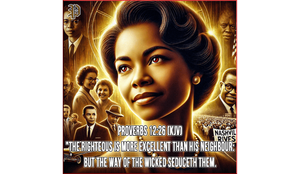 A beautifully crafted portrait of Diane Nash, radiating strength and determination. She is surrounded by golden light, symbolizing her righteousness and leadership in the Civil Rights Movement. The background features historical imagery of the Nashville Sit-ins and Freedom Rides, capturing the essence of her fearless activism. The verse Proverbs 12:26 (KJV) is prominently displayed.