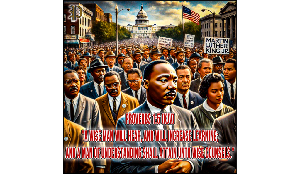Dr. Martin Luther King Jr. marches with a crowd, symbolizing wisdom, justice, and nonviolent resistance.